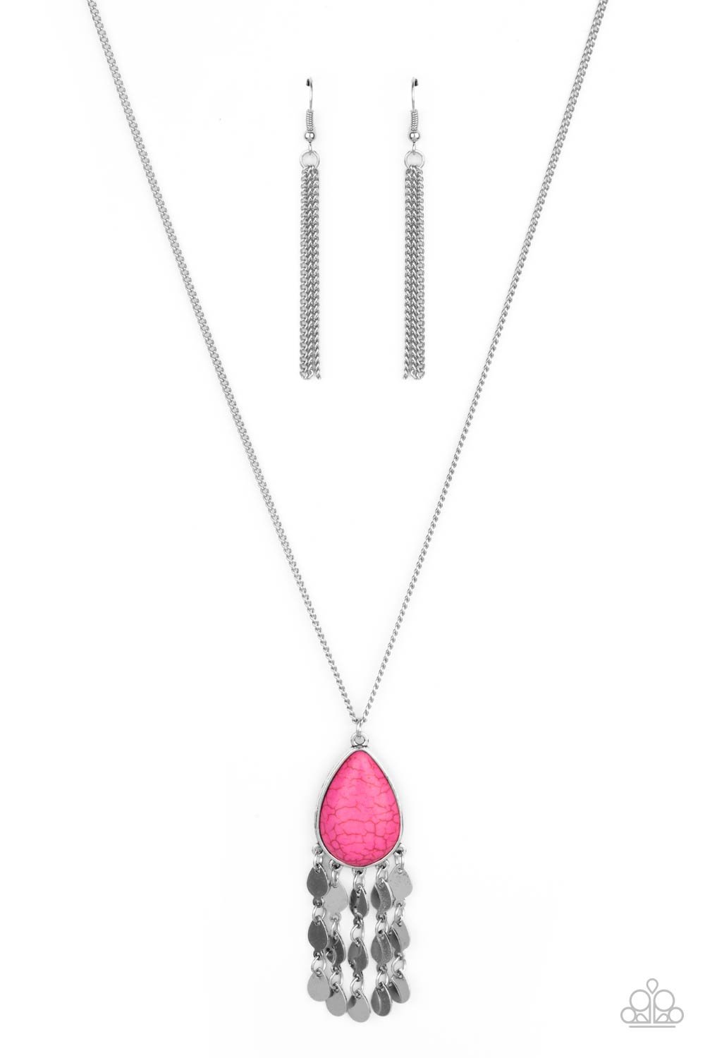 A vivacious pink stone teardrop pendant swings from the bottom of a lengthened silver chain. Tassels of silver teardrop frames trickle from the bottom of the colorful pendant, creating a musical fringe. Features an adjustable clasp closure.
Sold as one individual necklace. Includes one pair of matching earrings.