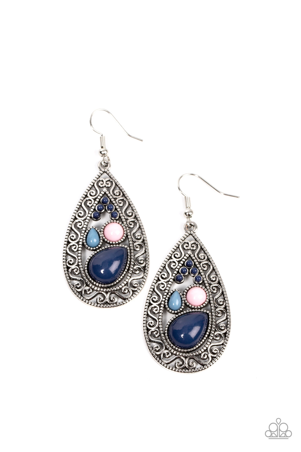 A mismatched collection of smooth Spring Lake, Pale Rosette, and Rhodonite beads gathers inside a daintily dotted teardrop frame. An artful border of airy serpentine filigree encompasses the collection, making for a timeless design with a vintage vibe. Earring attaches to a standard fishhook fitting. Sold as one pair of earrings.