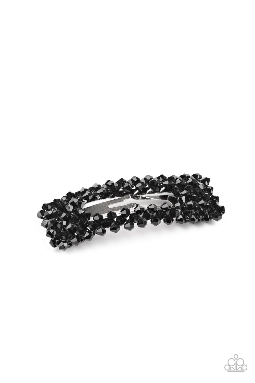 Faceted black crystal-like beads bedazzle the front of a rectangular hair clip for a sparkly finish. Features a standard snap clip on the back. Sold as one individual hair clip.