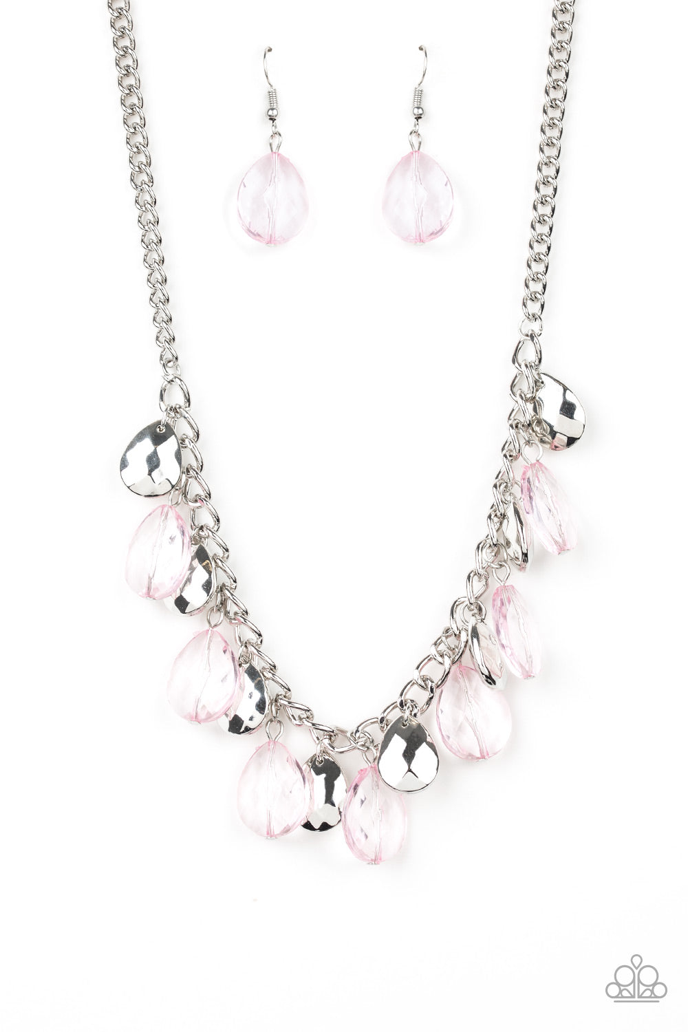Faceted silver and glassy pink teardrops swing from the bottom of a thick silver chain, creating a vivacious fringe below the collar. Features an adjustable clasp closure. Sold as one individual necklace. Includes one pair of matching earrings.