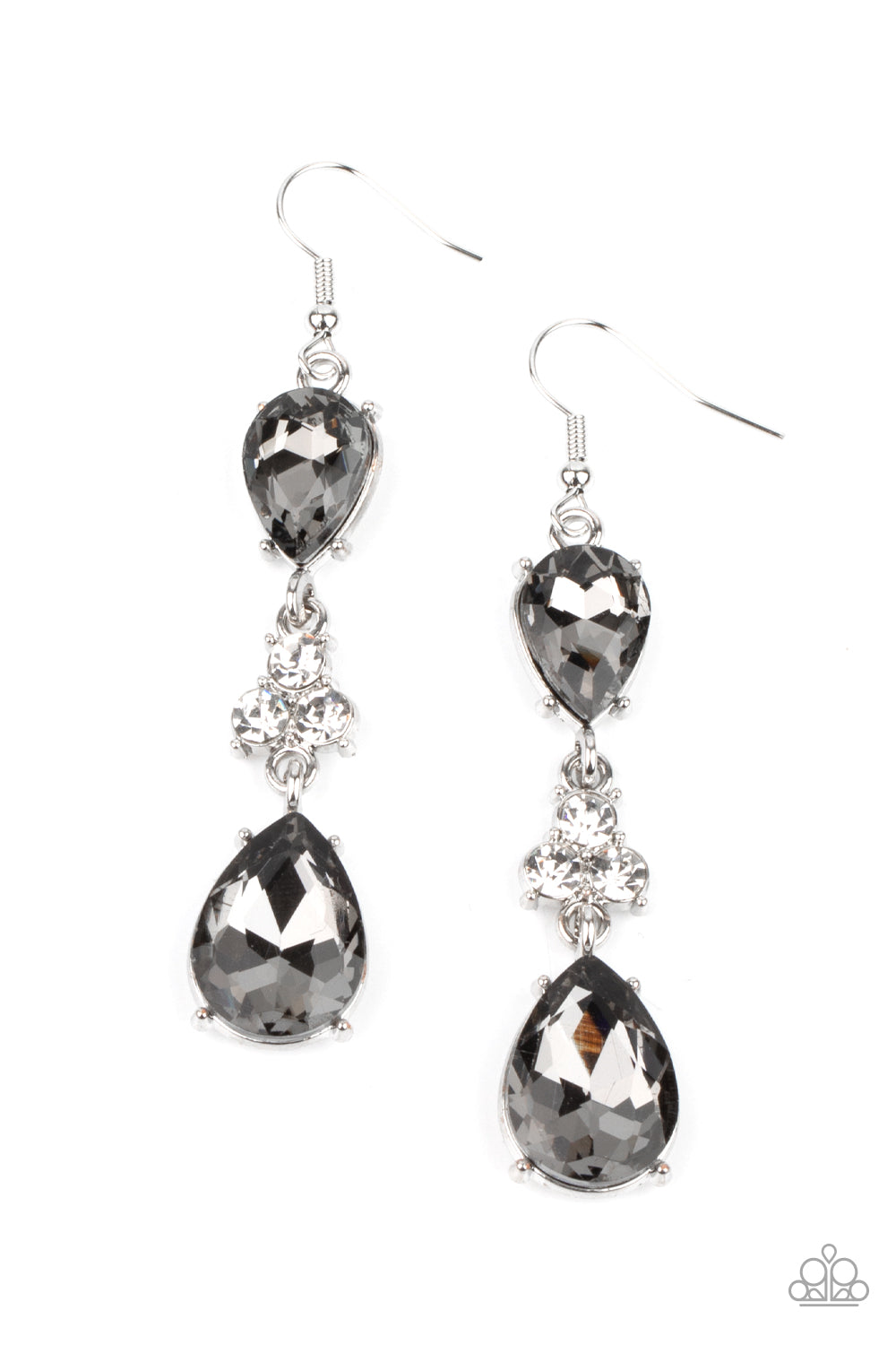 A trio of dazzling white rhinestones unites two smoky teardrop gems as they dangle brilliantly from the ear for a flawless finish. Earring attaches to a standard fishhook fitting. Sold as one pair of earrings.
