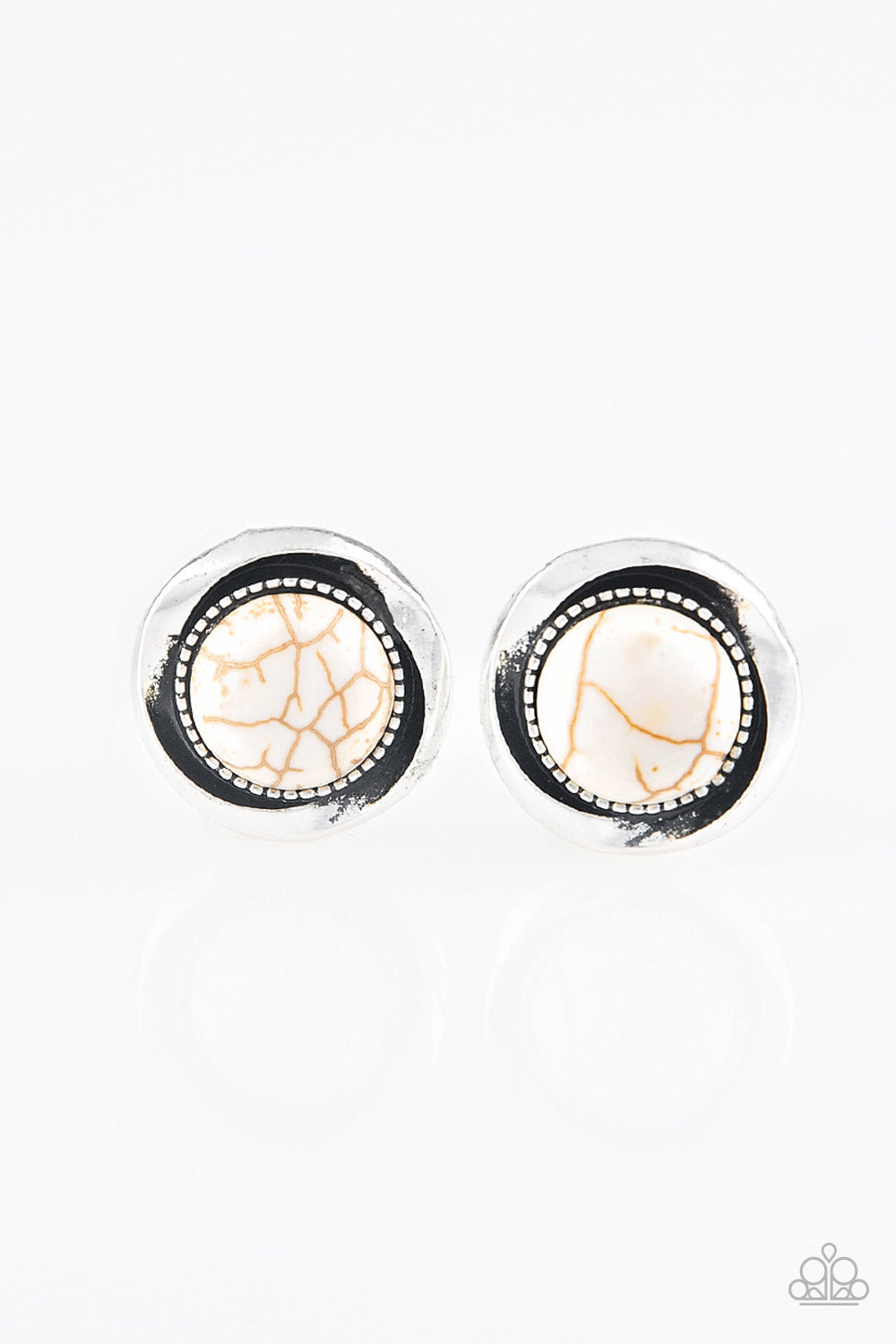 Folds of antiqued silver gather around a refreshing white stone center for a seasonal look. Earring attaches to a standard post fitting. Sold as one pair of post earrings.