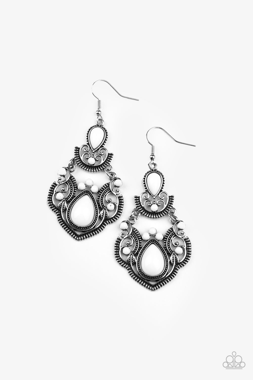 Dotted with round and teardrop white beads, a stacked silver frame radiating with studded and linear detail swings from the ear for a colorfully regal look. Earring attaches to standard fishhook fitting.
Sold as one pair of earrings.