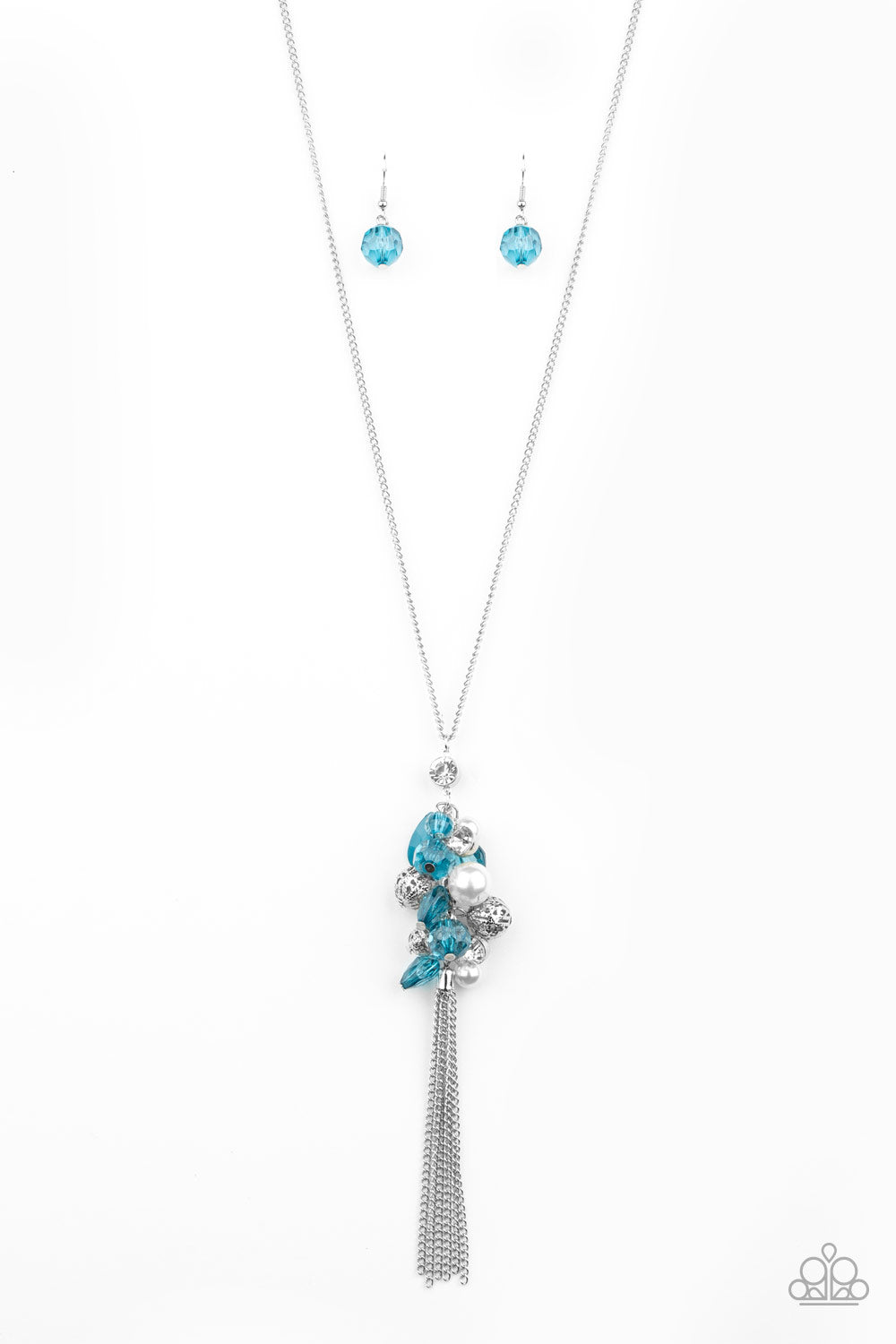 A fabulous collision of blue crystal-like beads, white rhinestones, white pearls, and ornate silver beads delicately cluster at the bottom of a lengthened silver chain for a colorfully vintage look. A silver chain tassel swings from the bottom of the display, adding a flirtatious movement to the whimsical piece. Features an adjustable clasp closure. Sold as one individual necklace. Includes one pair of matching earrings.