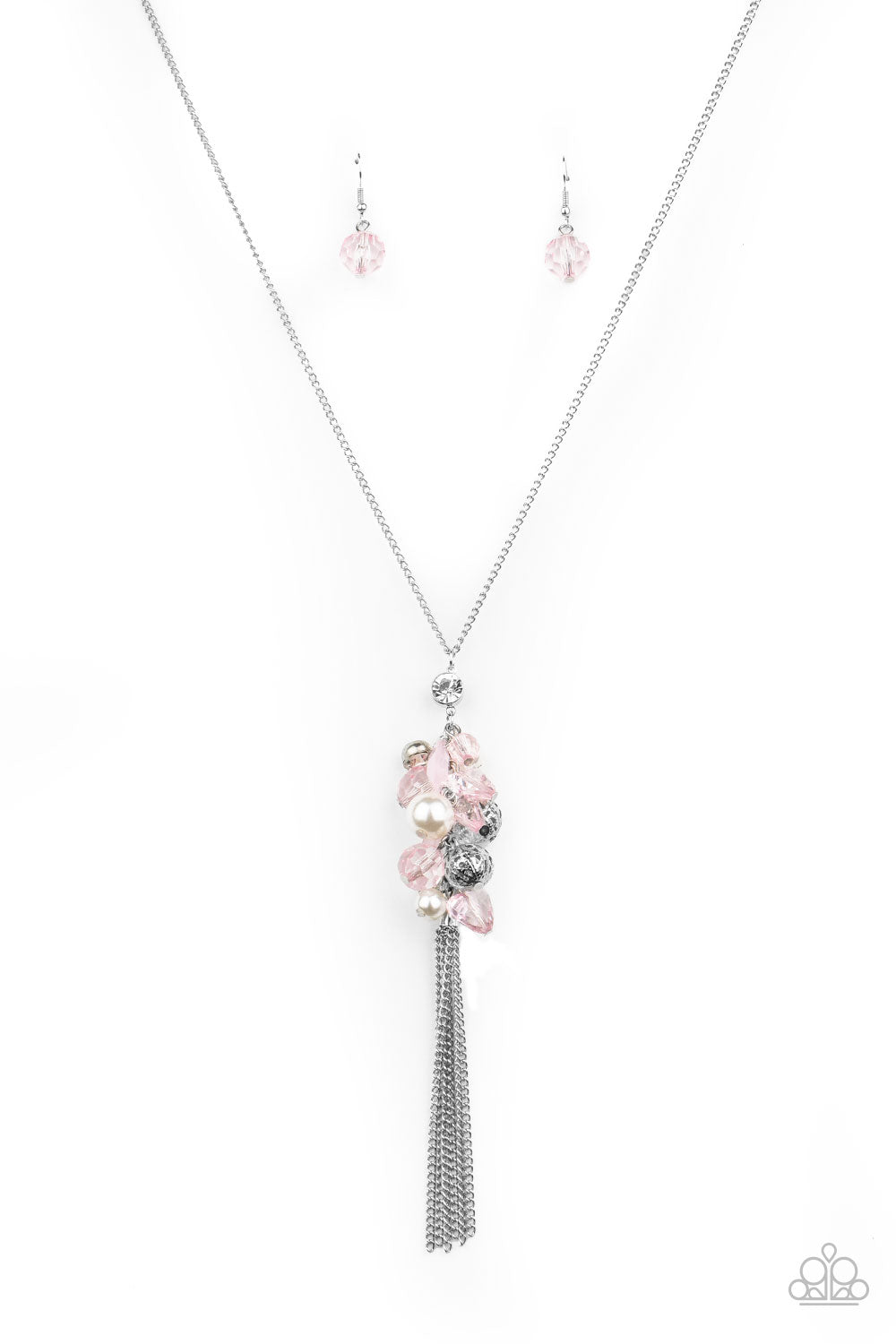 A fabulous collision of pink crystal-like beads, white rhinestones, white pearls, and ornate silver beads delicately cluster at the bottom of a lengthened silver chain for a colorfully vintage look. A silver chain tassel swings from the bottom of the display, adding a flirtatious movement to the whimsical piece. Features an adjustable clasp closure. Sold as one individual necklace. Includes one pair of matching earrings.