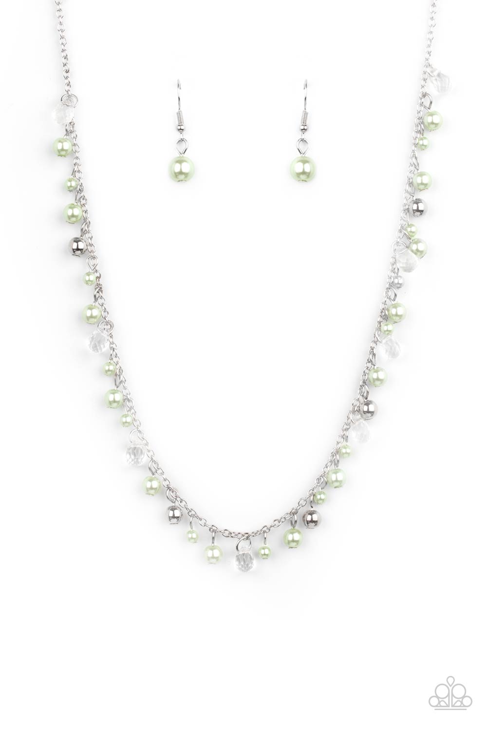 Soft pastel Green Ash pearls dangle alongside dainty silver and faceted glass beads as they float gracefully below the collar on a silver chain. Features an adjustable clasp closure. Sold as one individual necklace. Includes one pair of matching earrings.