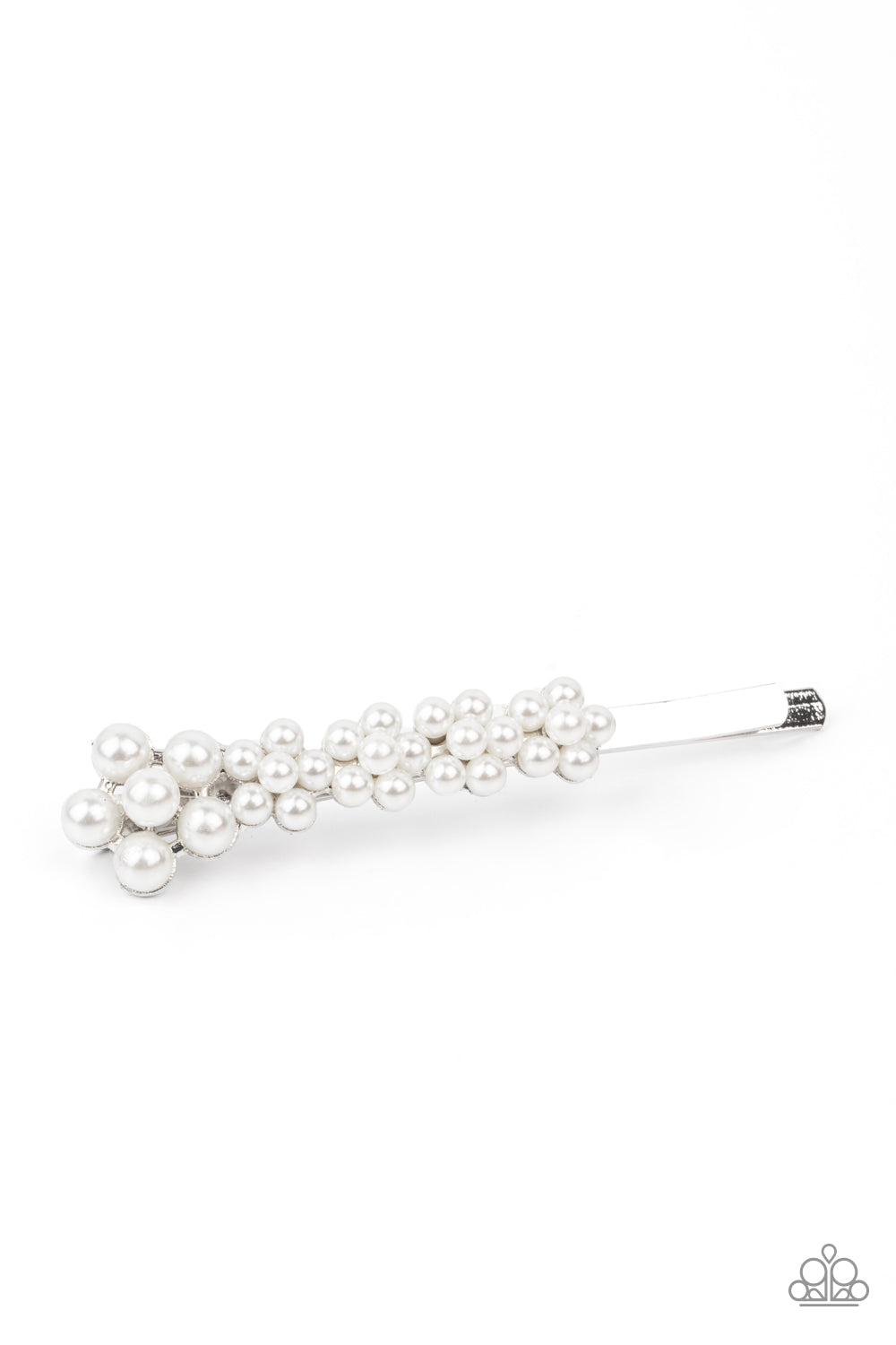 A bubbly collection of pearls adorns the front of a classic silver bobby pin, creating dainty floral accents. Sold as one individual decorative bobby pin.