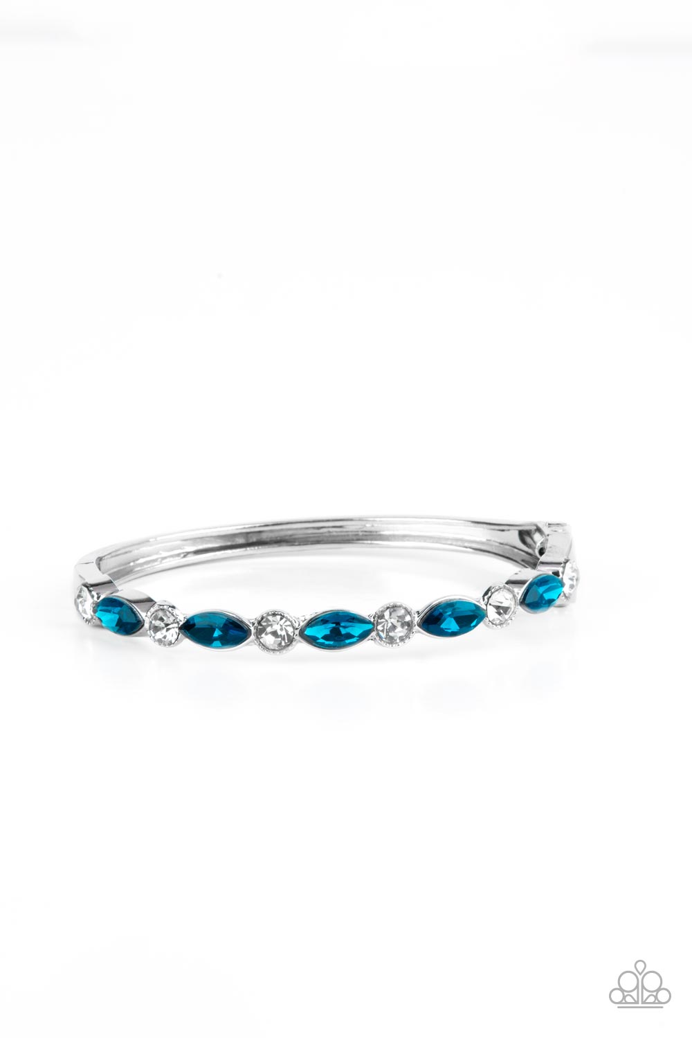 A sparkly collection of round white rhinestones and marquise blue rhinestones alternate across the top of the wrist, coalescing into a stackable bangle-like bracelet. Features a hinged closure. Sold as one individual bracelet.