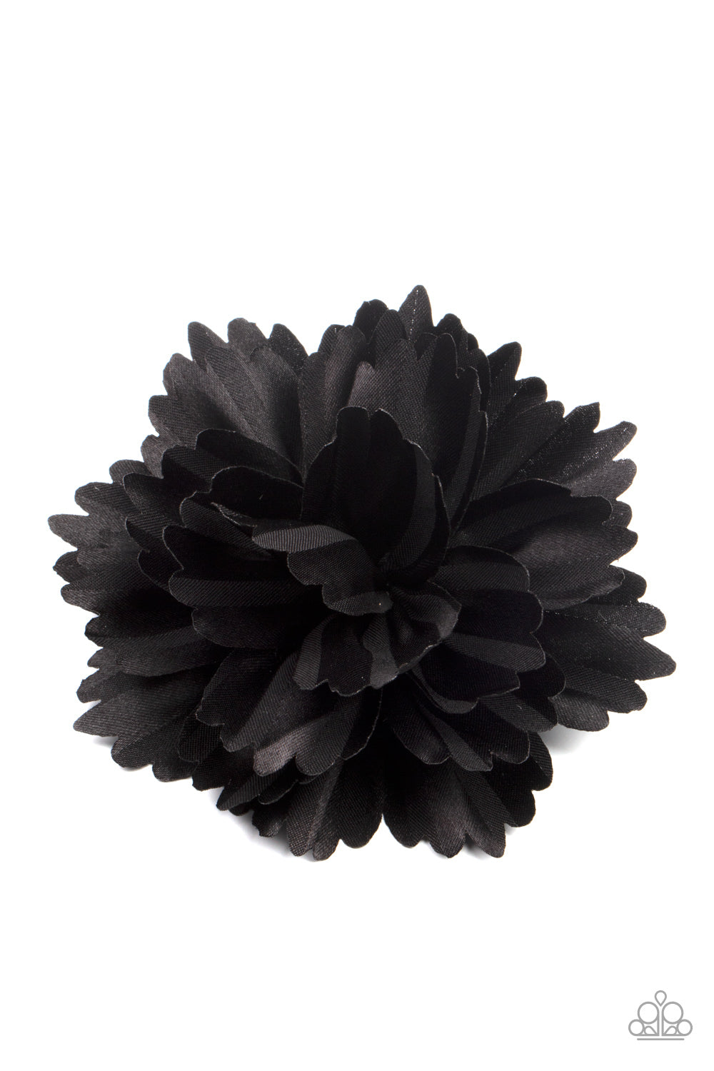 Layers of scalloped black petals gather into an elegant satin blossom, creating a timeless display. Features a standard hair clip on the back. Sold as one individual hair clip.