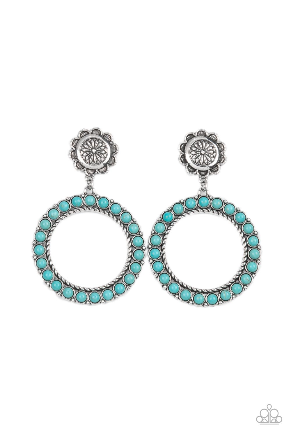 Featuring studded and twisted rope-like silver accents, a turquoise stone dotted hoop swings from the bottom of a rustic silver flower for a whimsically floral fashion. Earring attaches to a standard post fitting. Sold as one pair of post earrings.