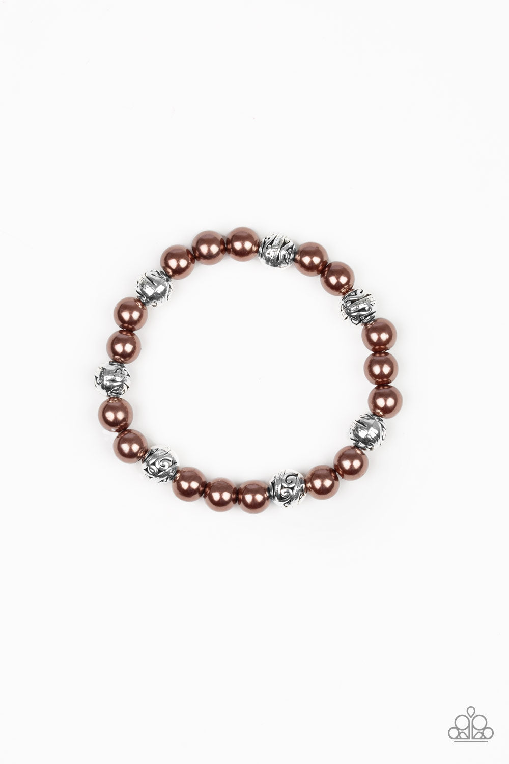 A collection of pearly brown beads and ornate silver beads are threaded along an elastic band around the wrist for a refined fashion.
Sold as one individual bracelet.