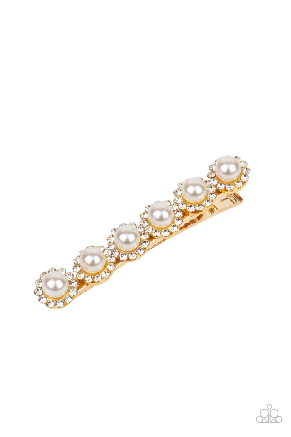 Bordered in rings of dainty white rhinestones, pearly white beads embellish the front of a gold hair clip for a timeless finish. Sold as one individual hair clip.