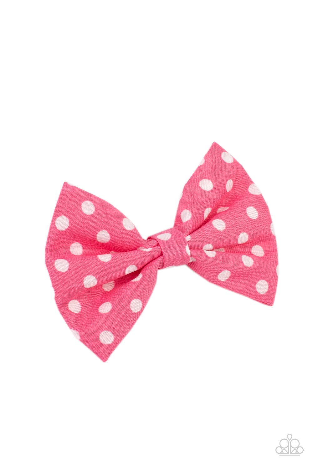 Delightful pink polka-dotted cotton fabric delicately knots into a dainty bow. Features a standard hair clip on the back. Sold as one individual hair clip.