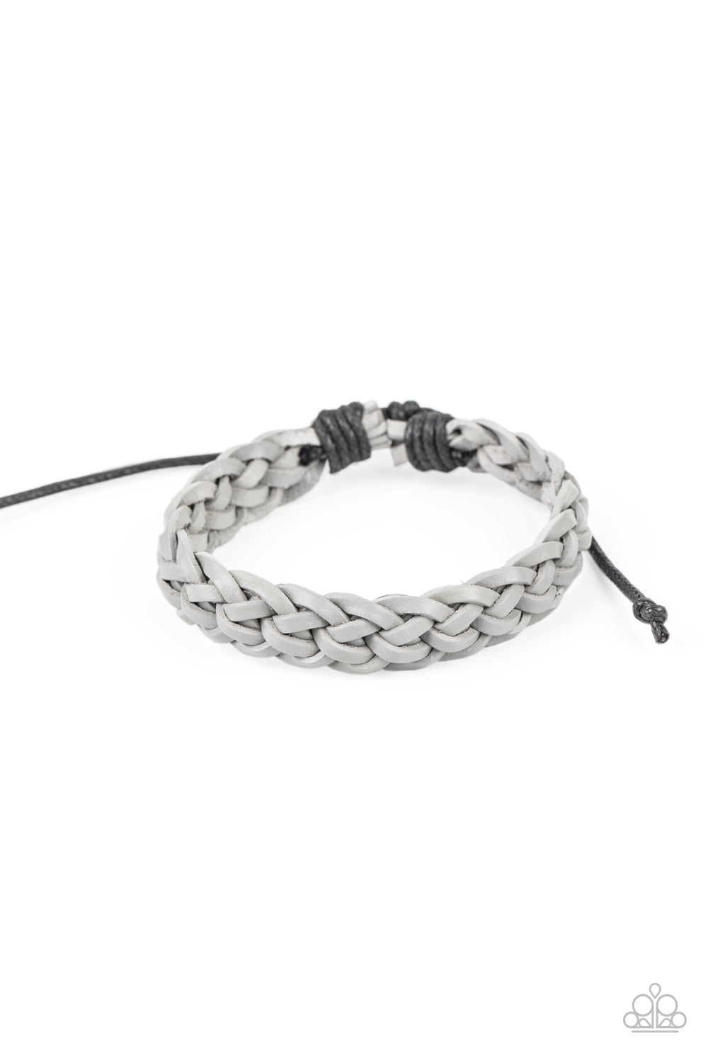 Rustic gray leather laces boldly weave around the wrist, creating a colorfully rugged centerpiece. Features an adjustable clasp closure. Sold as one individual bracelet.