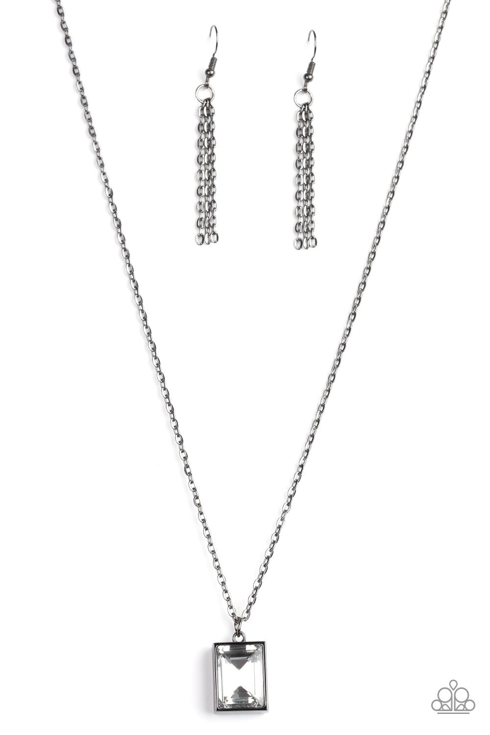 Featuring an emerald style cut, a faceted white gem is pressed into a sleek gunmetal frame at the bottom of a dainty gunmetal chain below the collar for an edgy look. Features an adjustable clasp closure. Sold as one individual necklace. Includes one pair of silver fringe earrings.