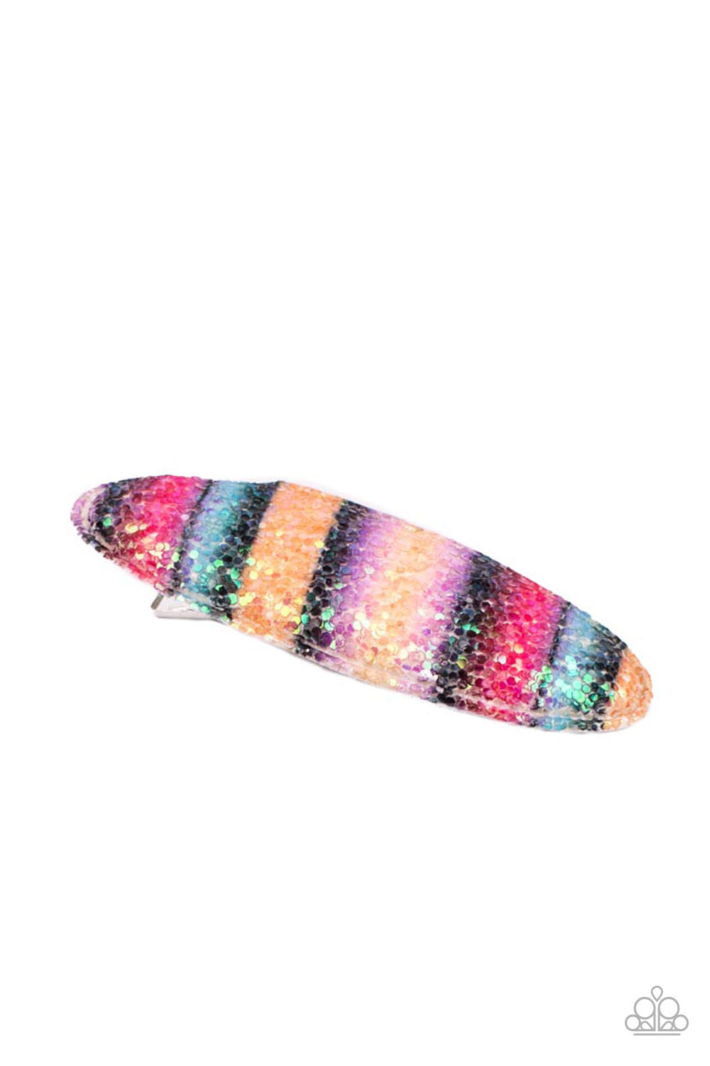 A glittering rainbow of vibrant colors creates a sparkling summertime vibe. Features a standard hair clip on the back. Sold as one individual hair clip.