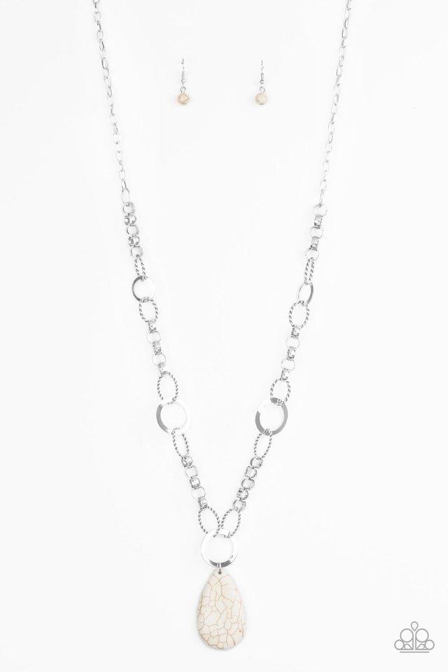 A mismatched collection of bold silver links, textured silver ovals, and flat silver rings connect down the chest, creating a unique chain. Chiseled into a tranquil teardrop, a refreshing white stone pendant swings from the bottom of the metallic compilation for an earthy finish. Features an adjustable clasp closure. Sold as one individual necklace. Includes one pair of matching earrings.
