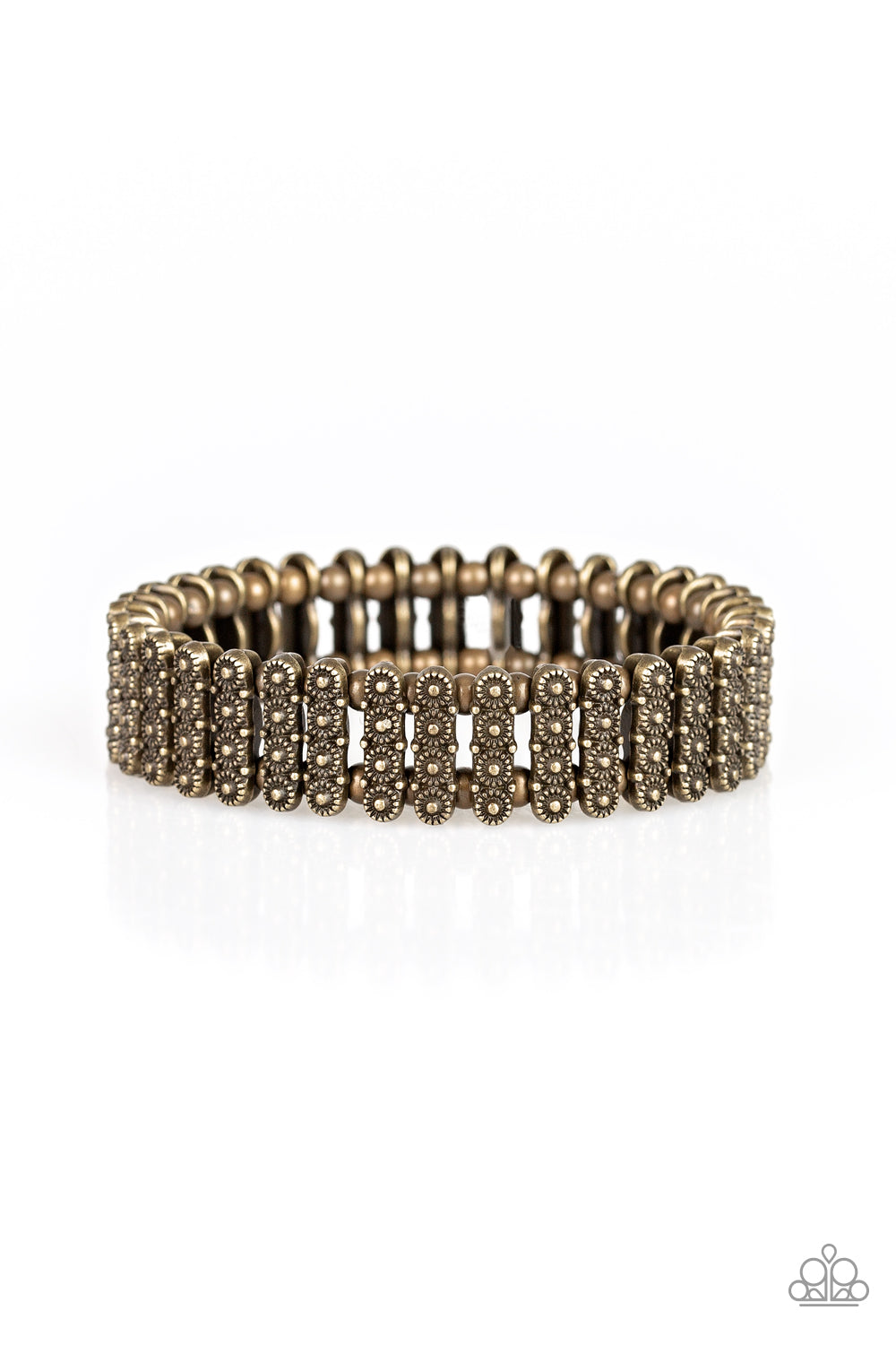 Dainty brass beads and stacked brass frames radiating with sunburst patterns are threaded along stretchy bands around the wrist for a whimsical look.
Sold as one individual bracelet.