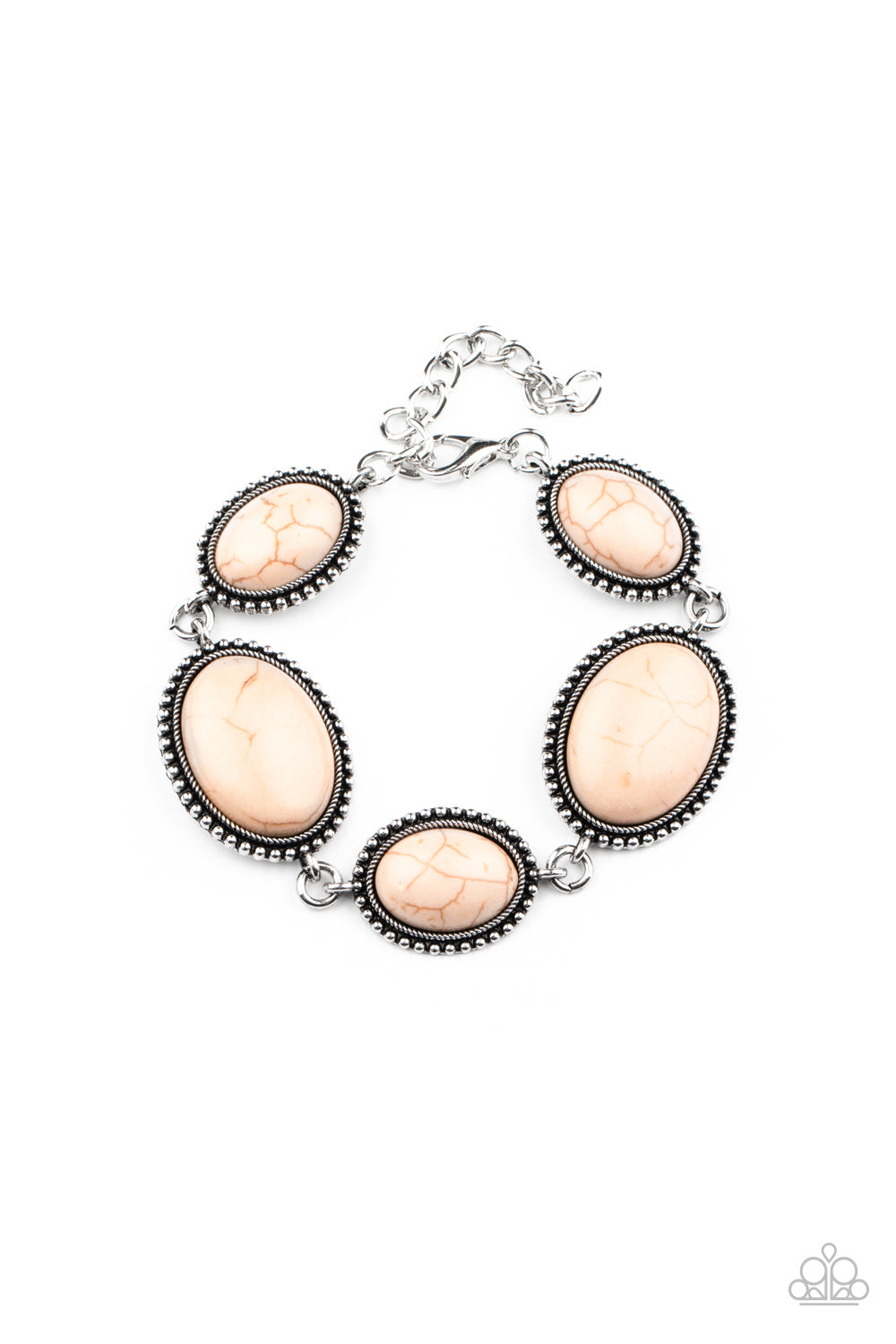 A collection of earthy brown oval stones are pressed into studded silver frames that delicately link across the wrist for a colorfully rustic look. Features an adjustable clasp closure. Sold as one individual bracelet.