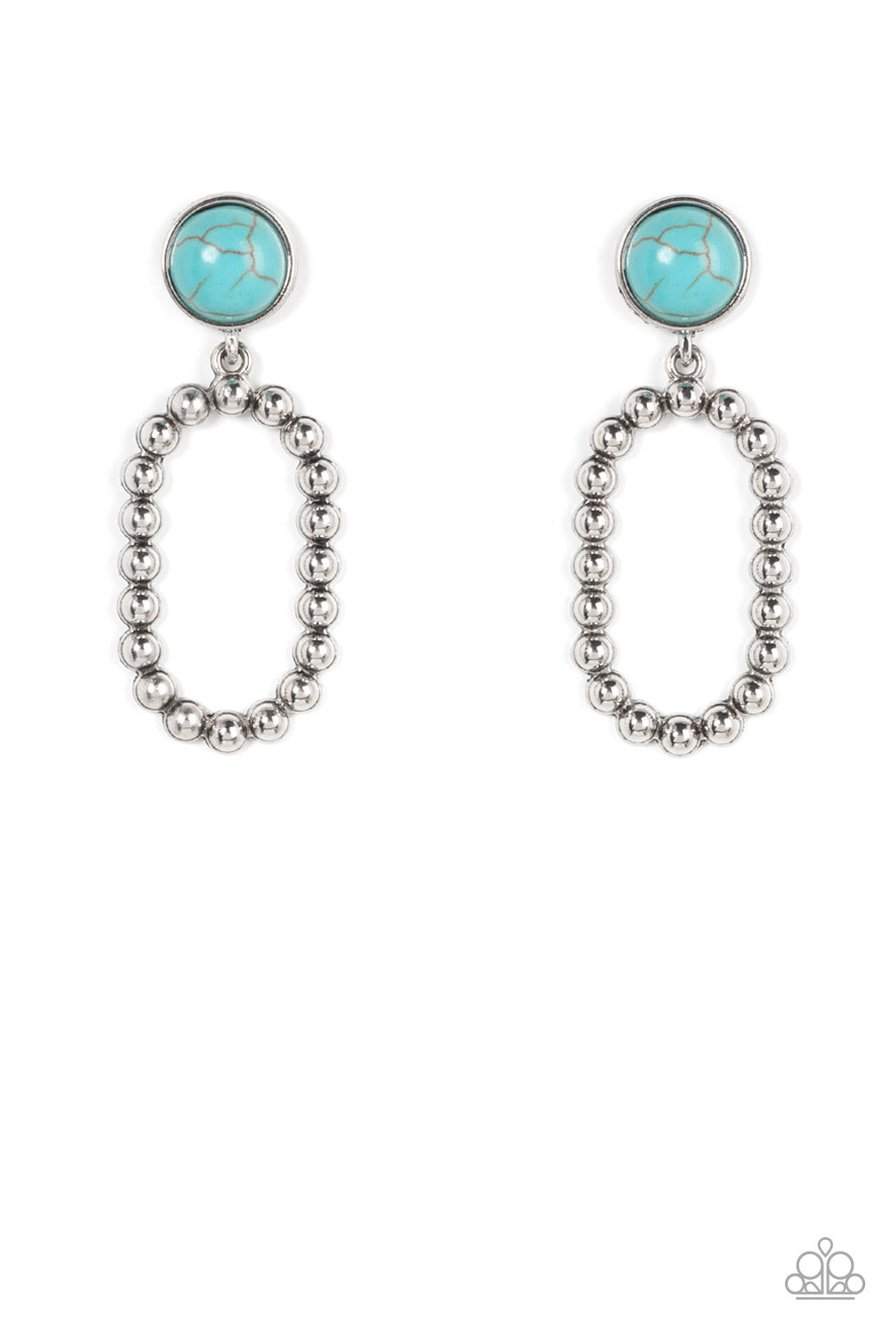 Encased in an antiqued silver fitting, a round turquoise stone gives way to a studded oval hoop for a rustic flair. Earring attaches to a standard post fitting. Sold as one pair of post earrings.
