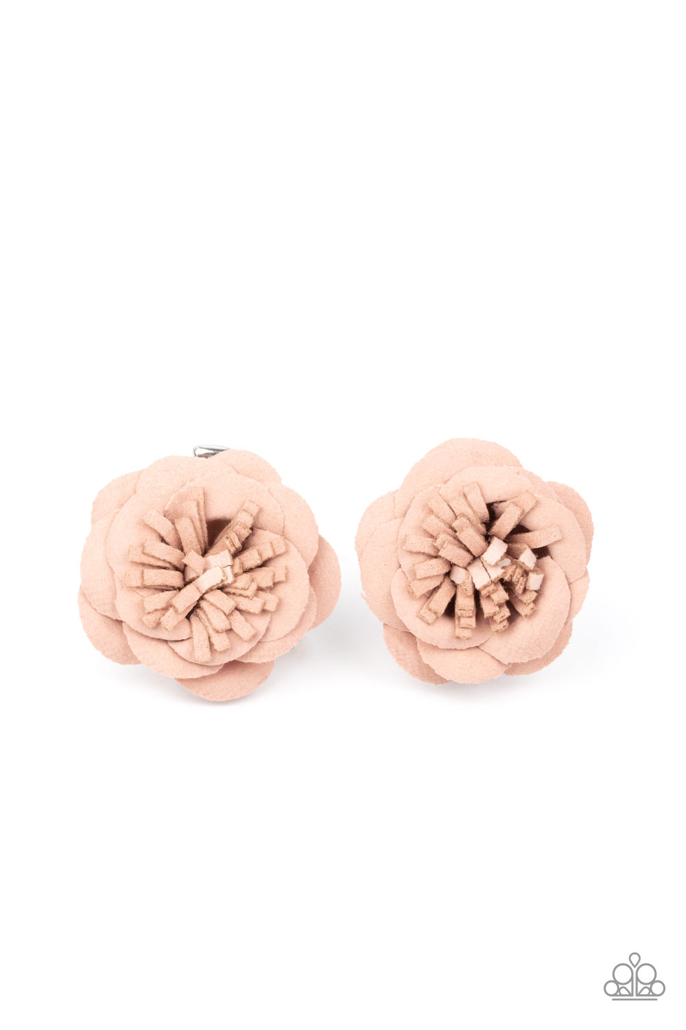 Papery rustic pink petals gather around lifelike textured centers, creating a pair of dainty blossoms for a colorful seasonal flair. Each flower features a standard hair clip on the back. Sold as one pair of hair clips.