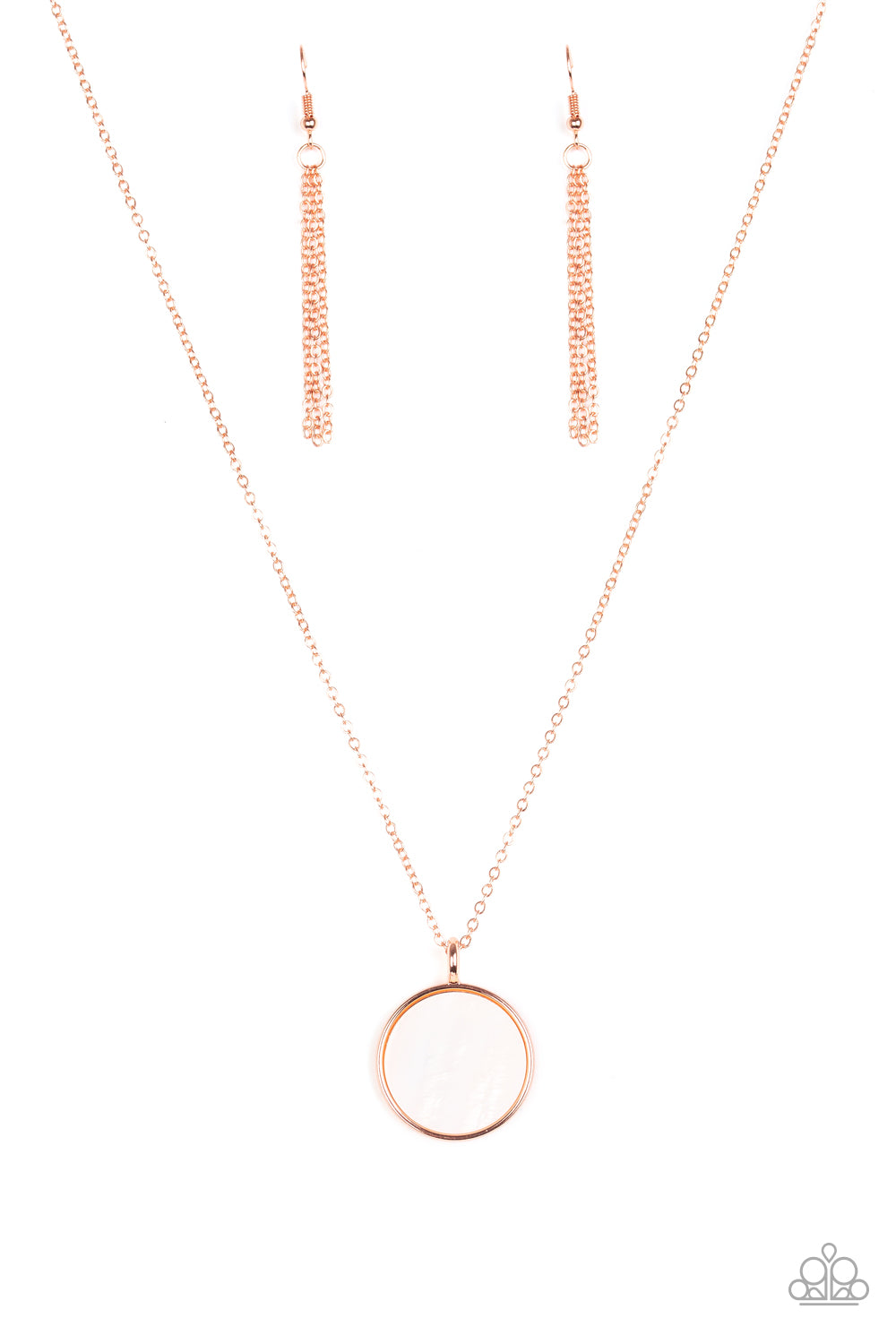 A flat shell-like pendant swings from the bottom of a dainty shiny copper chain below the collar for a refined look. Features an adjustable clasp closure. Sold as one individual necklace. Includes one pair of copper fringe earrings.