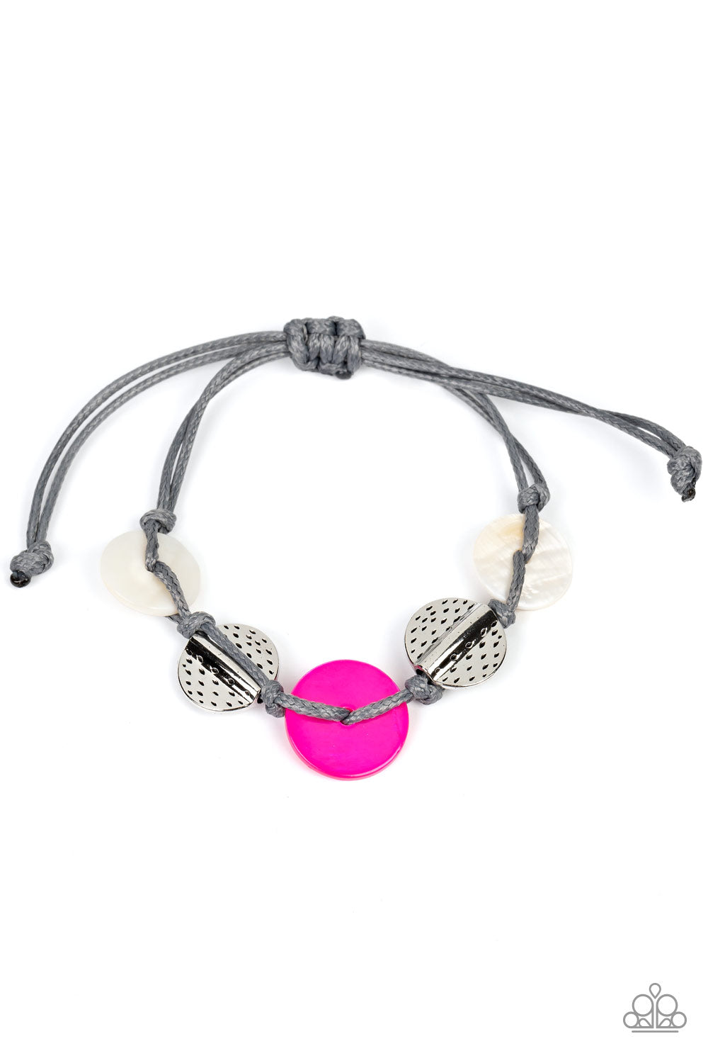 Vibrant pink and white shells interlace with silver dotted, hammered discs to create a refined pop of color. Held together by soft gray cording, this piece will blend in with beaches near you! Features an adjustable sliding knot closure. Sold as one individual bracelet.