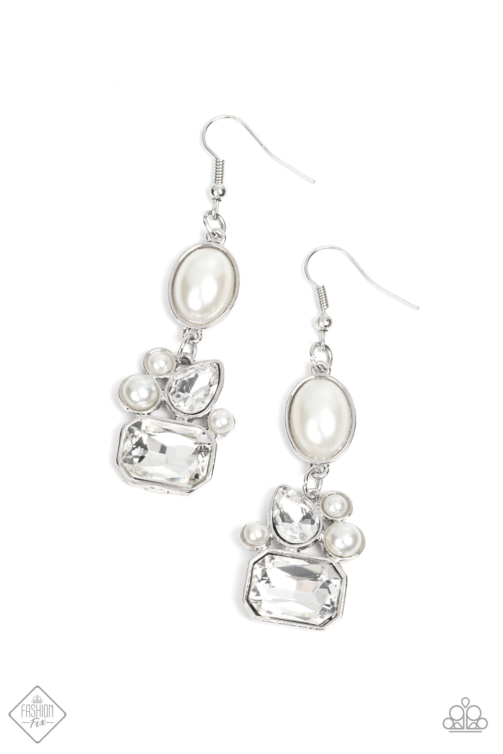 An elegant white oval pearl bead encased in a sleek silver frame gives way to an asymmetrical collection of bubbly pearl beads and sparkling teardrop and emerald cut rhinestones, resulting in an exquisite lure. Earring attaches to a standard fishhook fitting.
Sold as one pair of post earrings.
