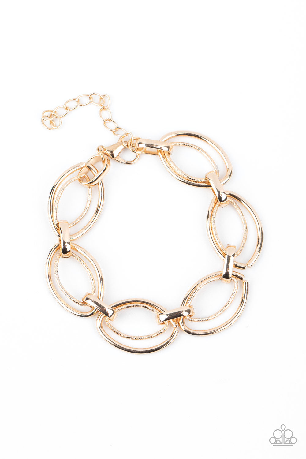 Smooth and hammered gold oval-like links delicately connect across the wrist for an edgy, industrial display. Features an adjustable clasp closure. Sold as one individual bracelet.