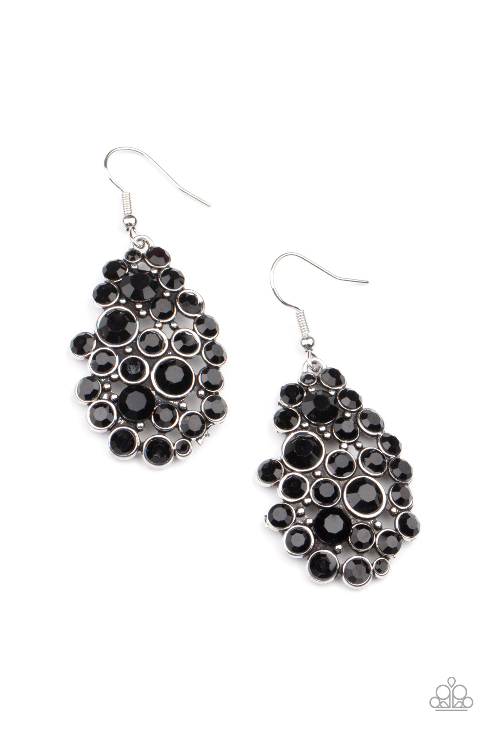 Varying in size, a smoldering collection of black rhinestones coalesce into an airy teardrop for a sassy look. Earring attaches to a standard fishhook fitting. Sold as one pair of earrings.