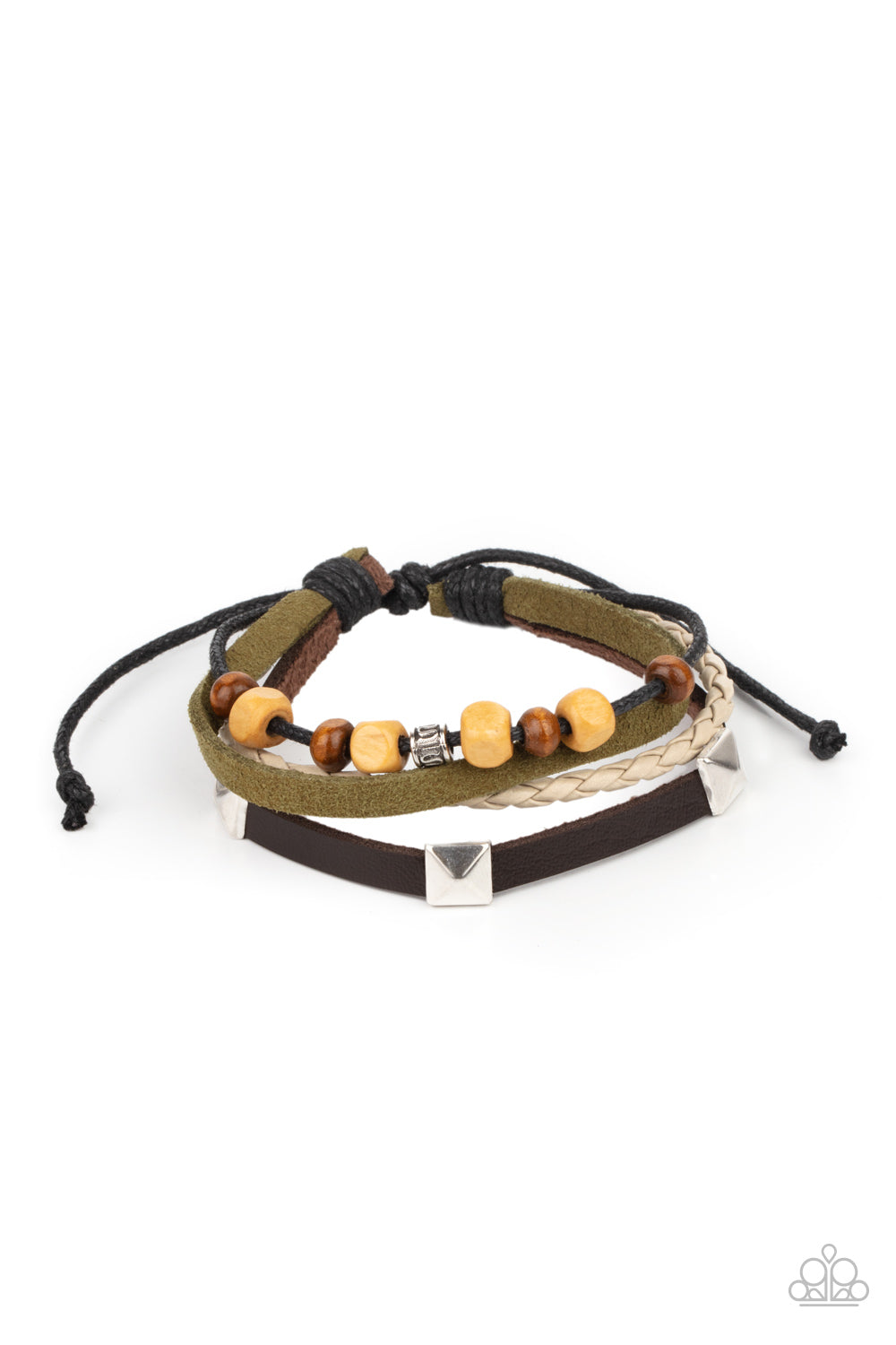 Infused with mismatched metal and wooden accents, rows of green and brown suede and leather cords layer across the wrist for a rugged look. Features an adjustable sliding knot closure. Sold as one individual bracelet.
