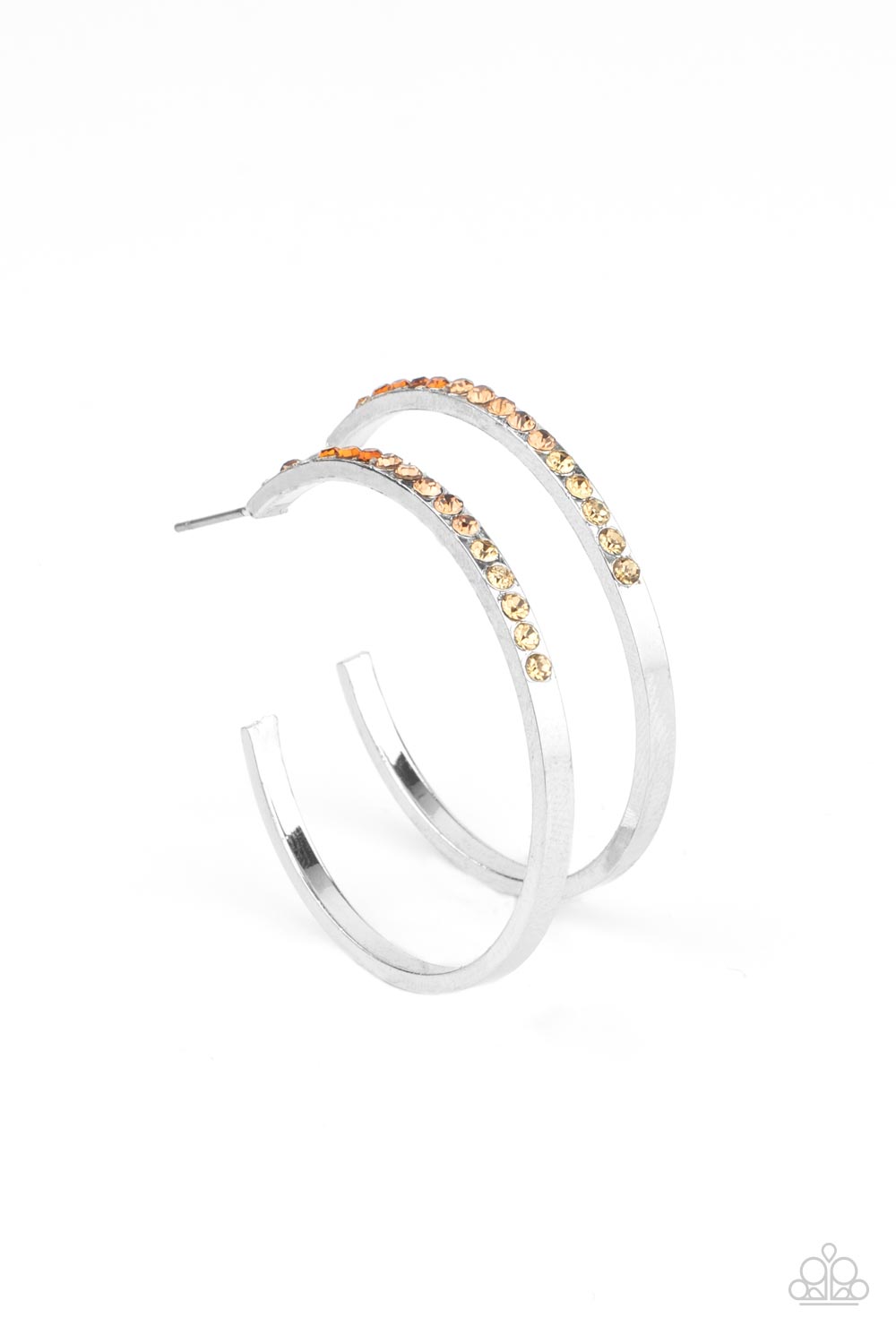 The front half of a dainty silver hoop is encrusted in an ombre of topaz rhinestones, creating a sparkly spectrum of color. Earring attaches to a standard post fitting. Hoop measures approximately 1 1/2" in diameter. Sold as one pair of hoop earrings.