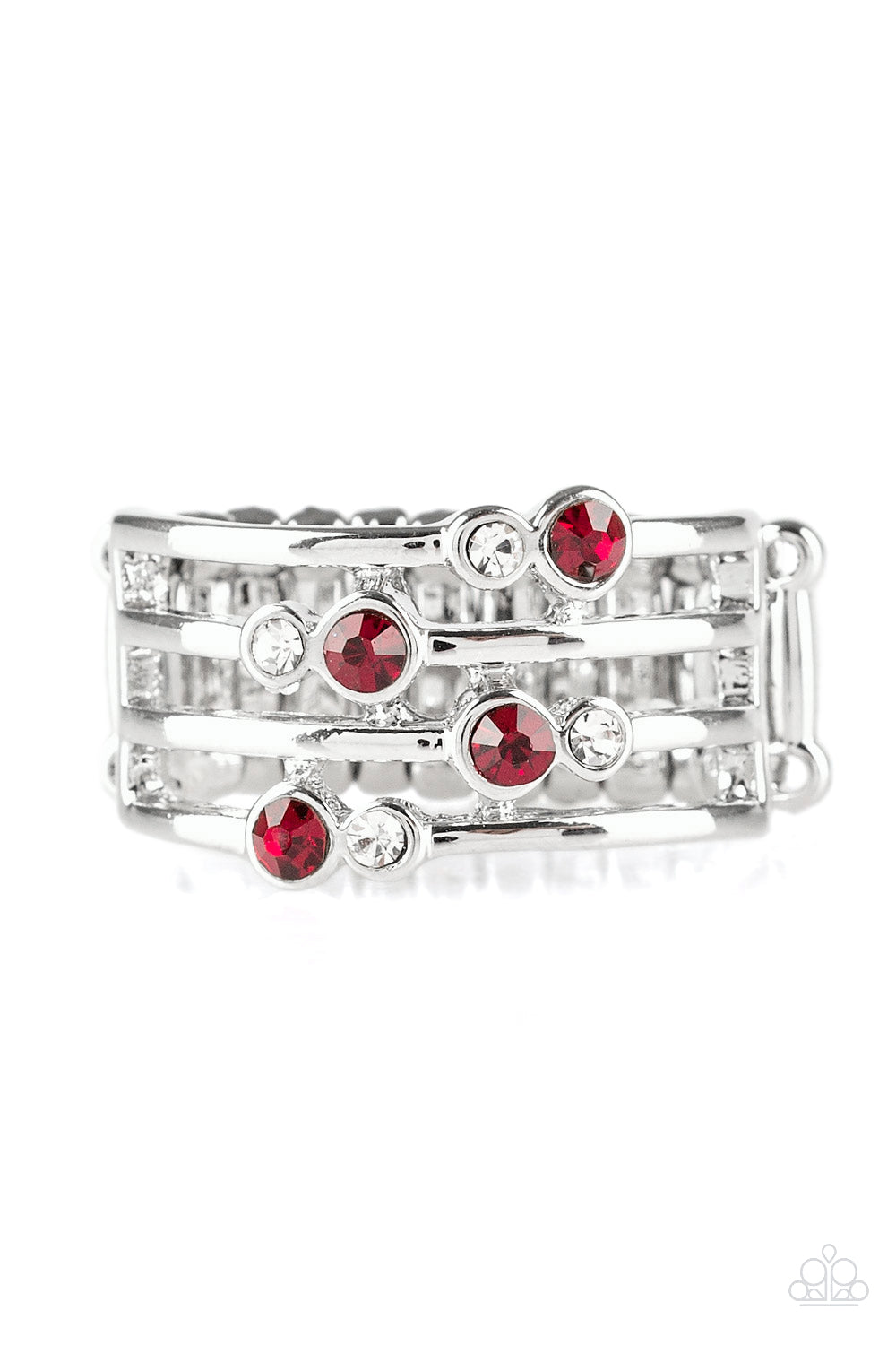Glittery red and white rhinestones are scattered along arcing silver bands, coalescing into a refined frame. Features a stretchy band for a flexible fit. Sold as one individual ring.