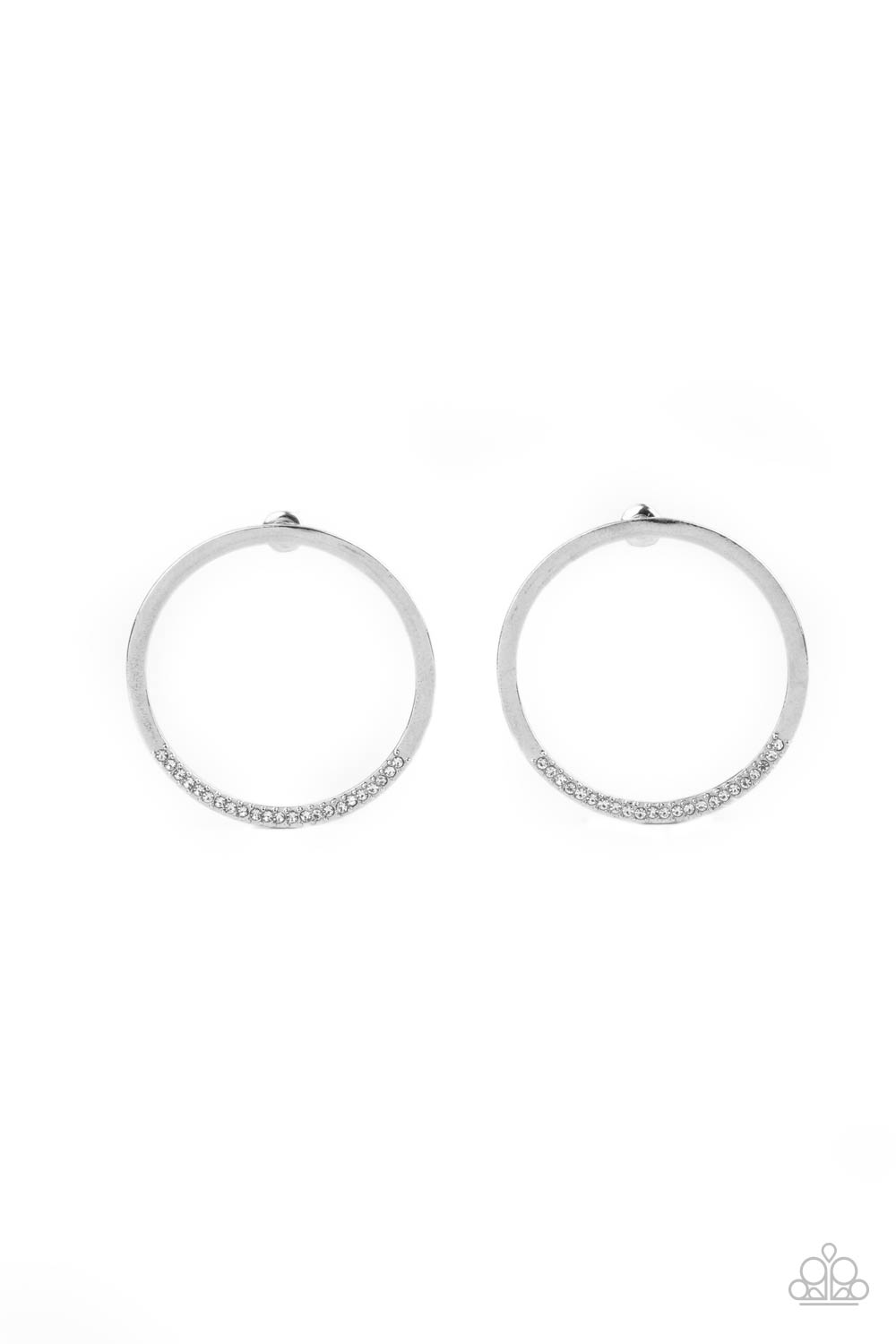 As if dipped in glitter, the bottom of a flat silver hoop is encrusted in dainty white rhinestones for a classic shimmer. Earring attaches to a standard post fitting. Sold as one pair of post earrings.