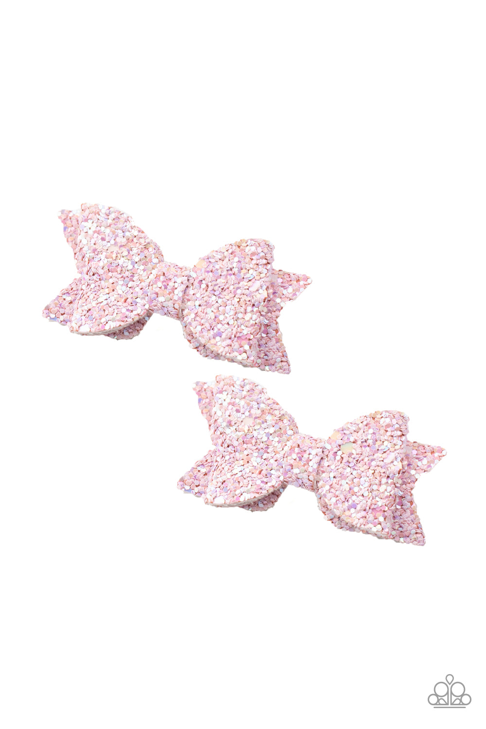 Dusted in sparkly sequins, pieces of leather delicately knot into a glittery pair of pink bows for a playful look. Features standard hair clips. Sold as one pair of hair clips.