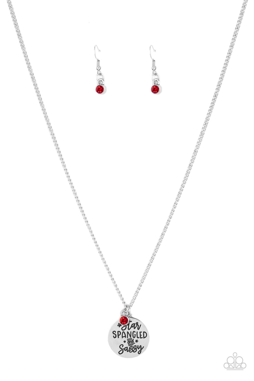 Infused with a solitaire red rhinestone, a shiny silver disc is stamped in the patriotic phrase, "Star Spangled and Sassy," as is glides along a lengthened silver chain for a sassy finish. Features an adjustable clasp closure. Sold as one individual necklace. Includes one pair of matching earrings.