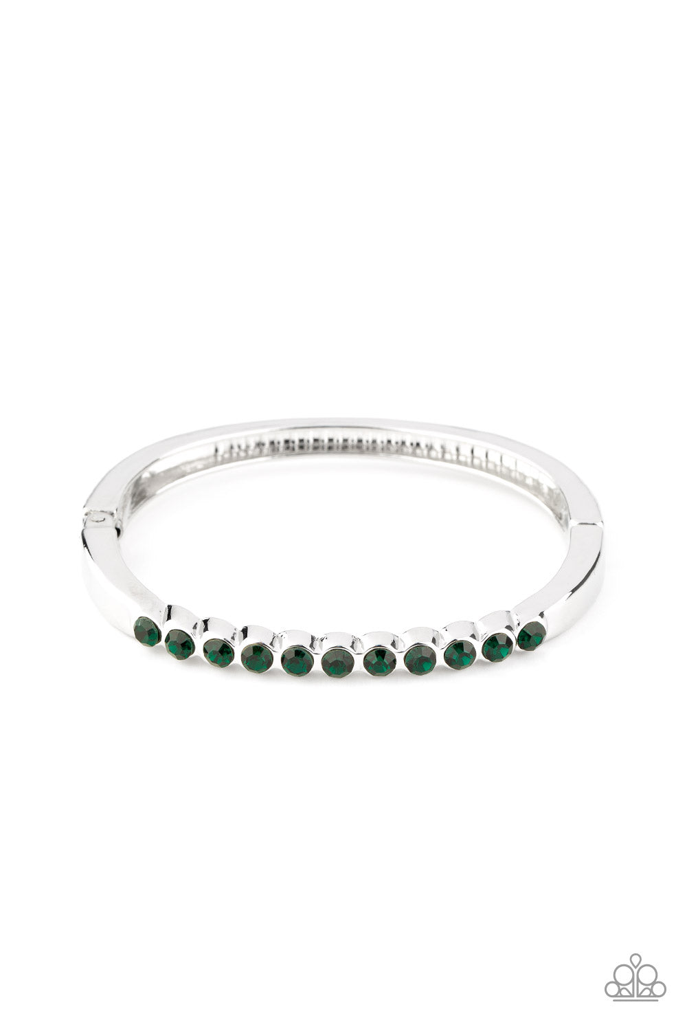 A row of glittery green rhinestones is encrusted across the top of a dainty silver cuff-like bracelet for a gorgeous finish. Features a hinged closure.
Sold as one individual bracelet.