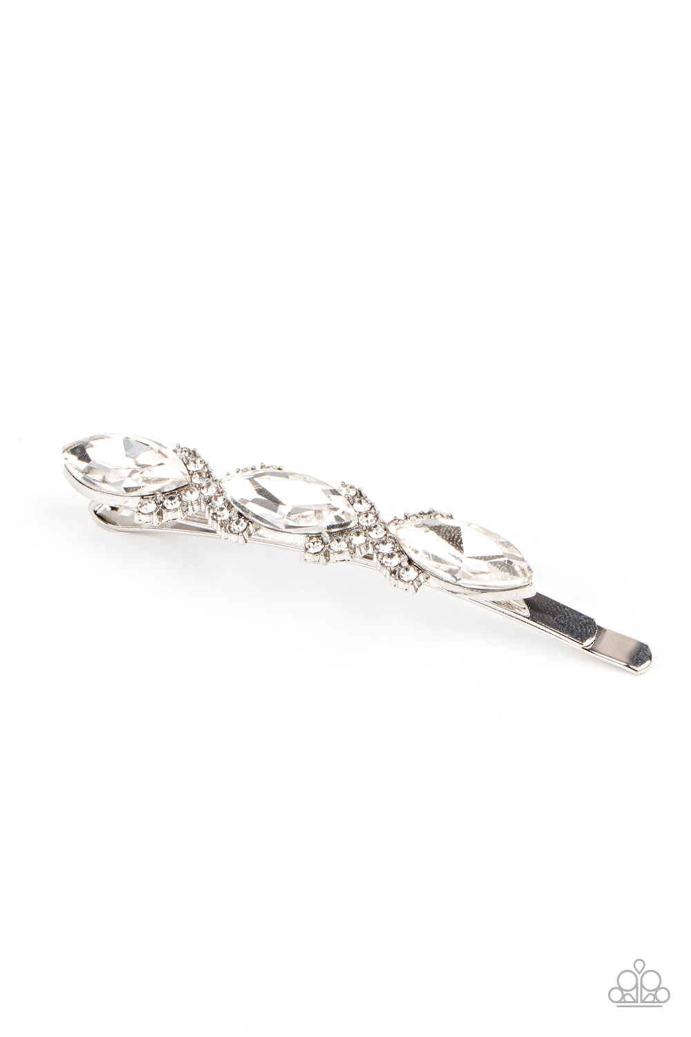 Crisscrossed ribbons of glassy white rhinestones separate a trio of white marquise cut gems across the front of a classic silver bobby pin for a stellar fashion. Sold as one individual decorative bobby pin.