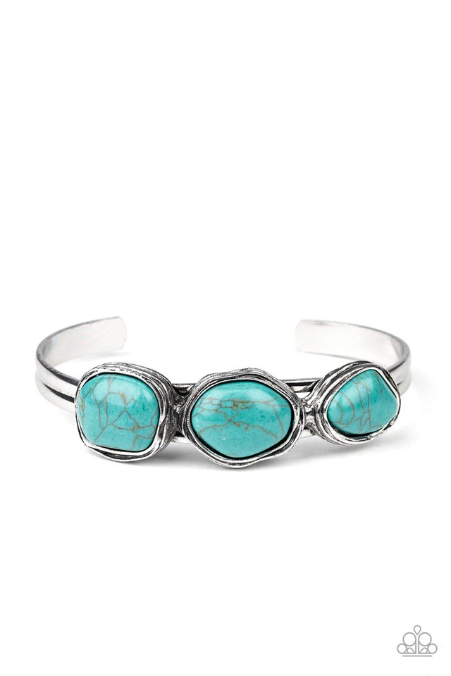 Featuring antiqued studded frames, three asymmetrical turquoise stones are pressed into the top of a dainty silver cuff for an artisan inspired look. Sold as one individual bracelet.