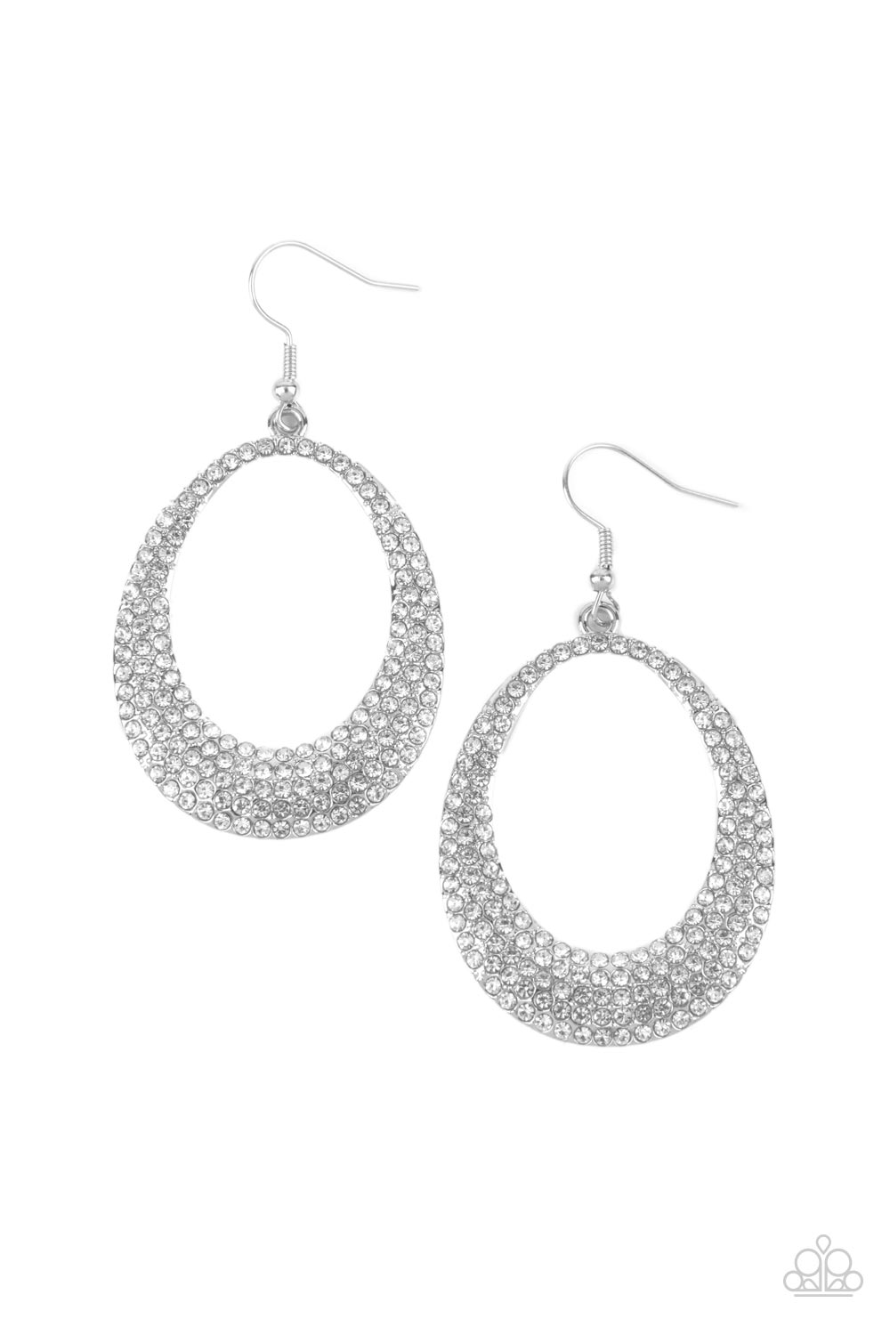 Shiny silver oval frames with airy cut-out centers, are covered in brilliant white rhinestones, creating an enchanting lure. Earring attaches to a standard fishhook fitting. Sold as one pair of earrings.