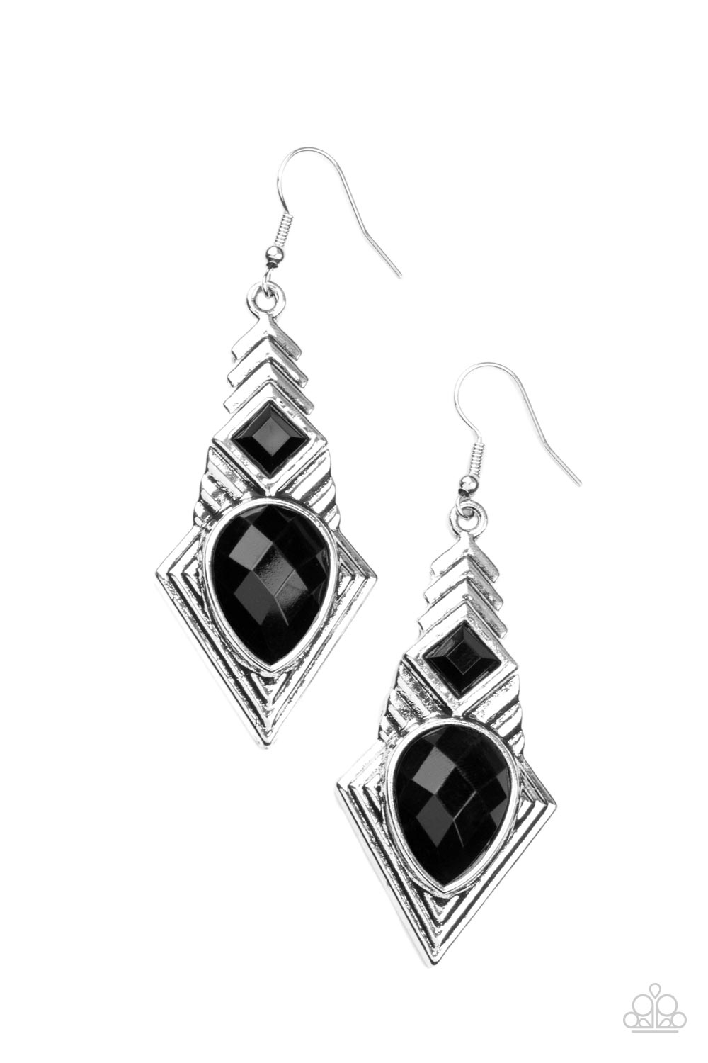 Faceted black square and teardrop rhinestones are pressed into a silver geometric frame rippling with stacked linear patterns. Earring attaches to a standard fishhook fitting. Sold as one pair of earrings.