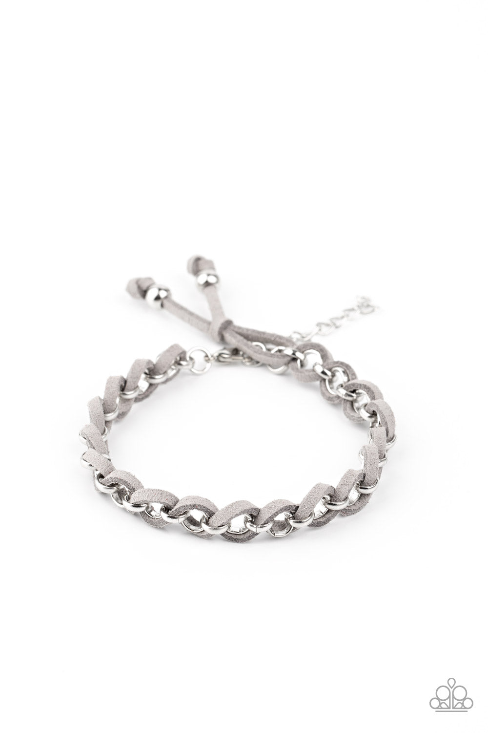 Dainty strands of Sleet suede are delicately braided around and through a round silver chain for an edgy look. Features an adjustable clasp closure. Sold as one individual bracelet.