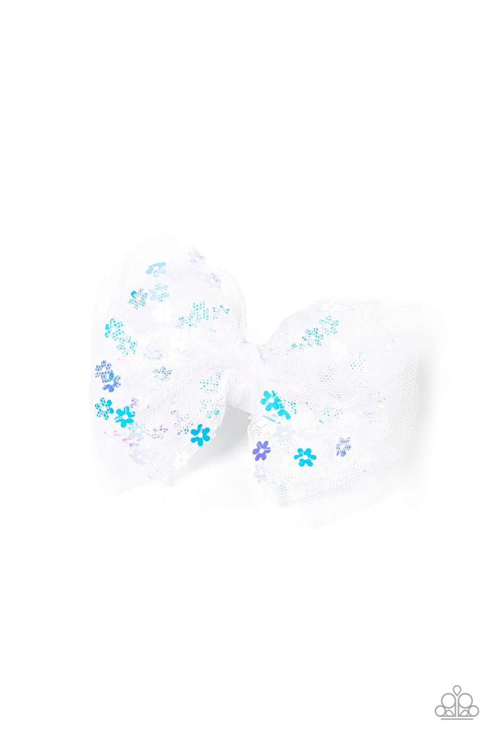Iridescent floral sequins are sprinkled across the front of layers of white tulle that delicately knots into a colorful bow, resulting in a pretty floral fashion. Features a standard hair clip on the back Sold as one individual hair clip.