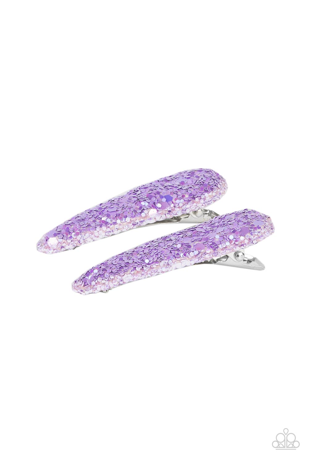 Dusted in dainty purple sparkles, a glittery pair of puffy hair clips pins back the hair for a fairytale finish. Features standard hair clips on the back. Sold as one pair of hair clips.