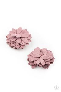 Purple paper-like petals delicately gather into a pair of dainty blossoms for a whimsical look. Each flower features a standard hair clip on the back. Sold as one pair of hair clips.