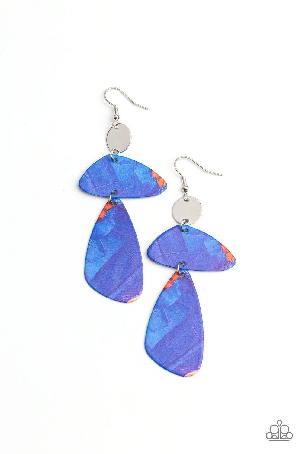 Painted in abstract blue details, a pair of asymmetrical frames swing form the bottom of a dainty silver disc for an artsy look. Earring attaches to a standard fishhook fitting. Sold as one pair of earrings.