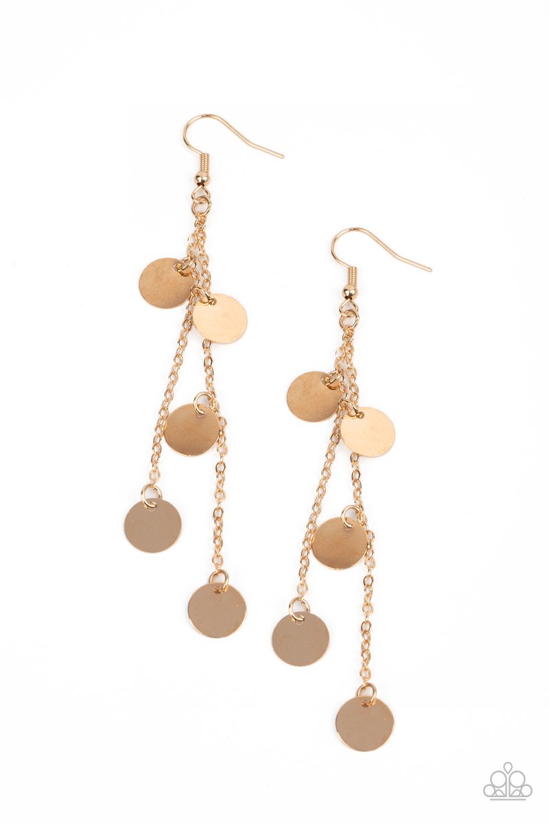Dainty gold discs haphazardly swing from two dainty gold chains, coalescing into a noisemaking shimmer. Earring attaches to a standard fishhook fitting. Sold as one pair of earrings.