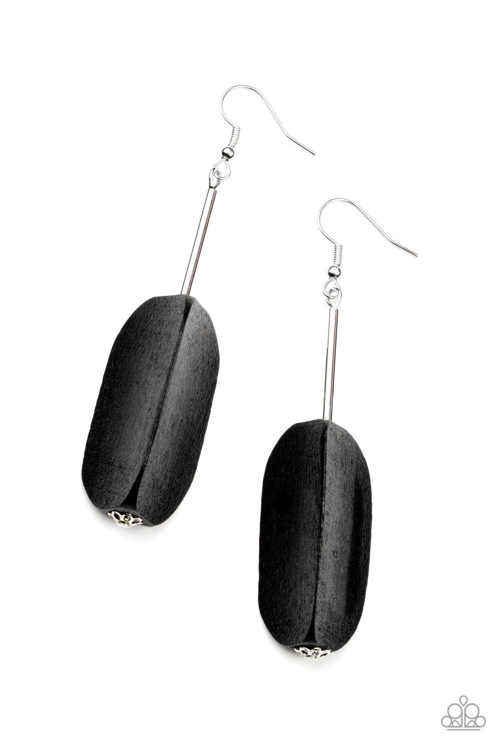 A faceted chunk of black wood glides along a shiny silver rod, creating an abstract frame for an artisan inspired fashion. Earring attaches to a standard fishhook fitting. Sold as one pair of earrings.