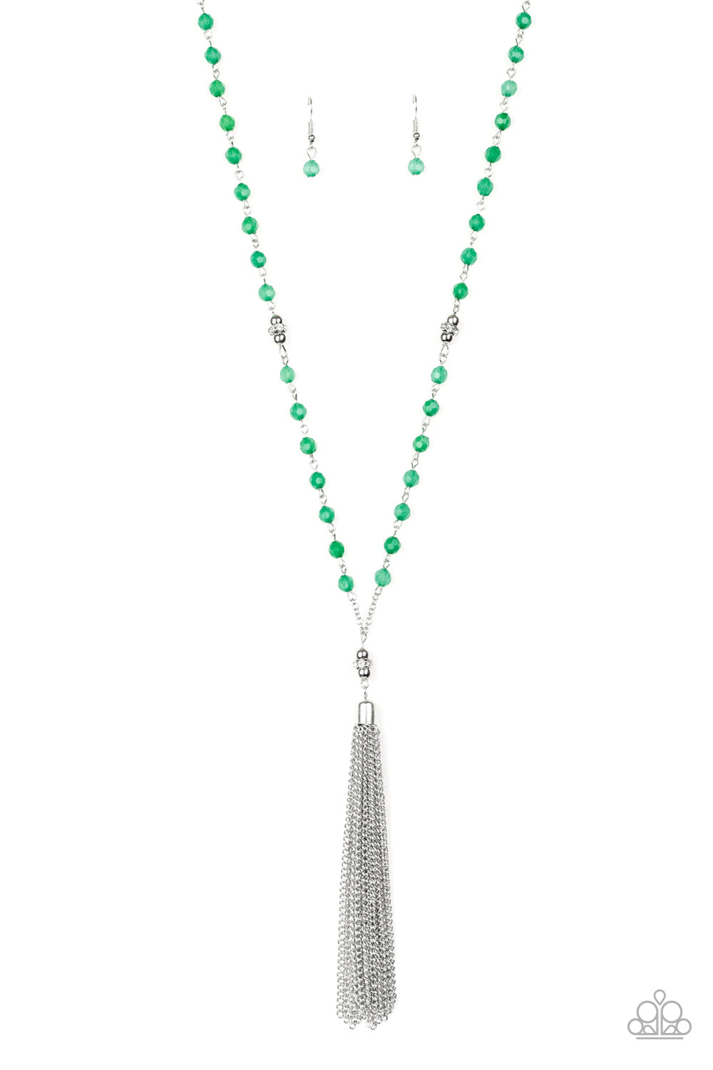 Green opaque crystal-like beads, shiny silver beads, and white rhinestone encrusted rings give way to a shimmery silver tassel for a whimsical look. Features an adjustable clasp closure. Sold as one individual necklace. Includes one pair of matching earrings.