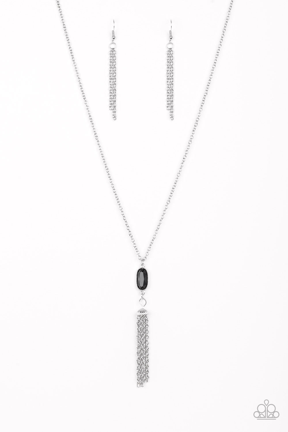 Swinging from a lengthened silver chain, a faceted black bead gives way to a shimmery silver tassel for a whimsical look. Features an adjustable clasp closure. Sold as one individual necklace. Includes one pair of silver fringe earrings.